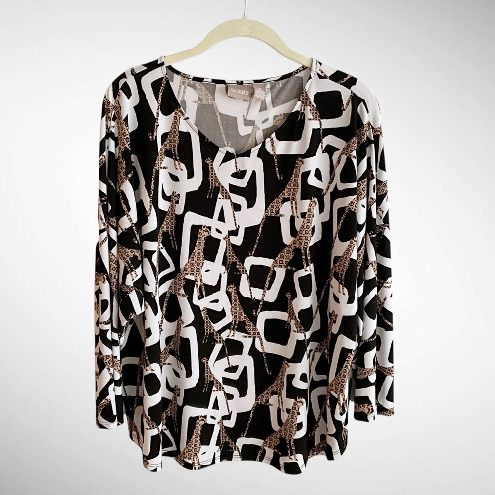 Chico’s Cheetah Black & White Pullover Blouse Bracelet Sleeves Size 3